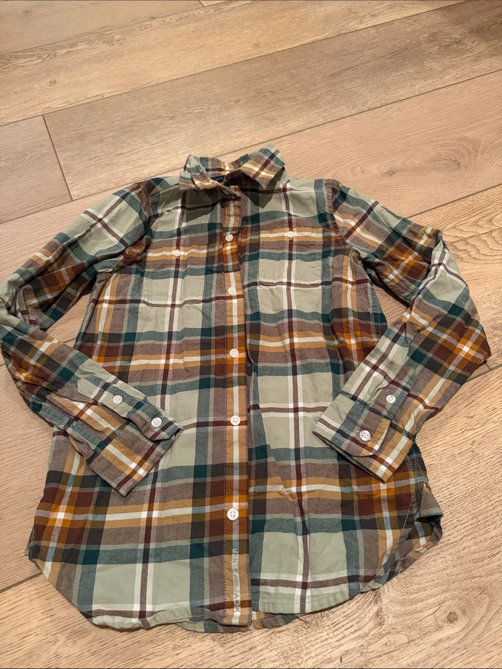 Janie and Jack Plaid Button-Down Shirt in Green, Brown & Mustard. No flaws